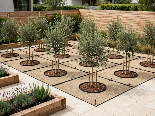 Grid of Small Trees Layout in a modern backyard landscaping