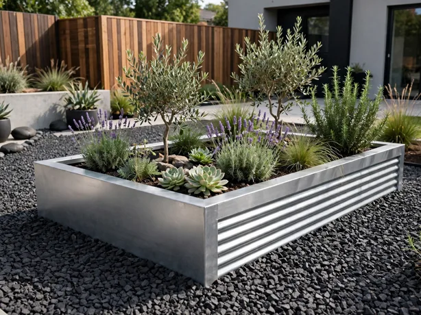 Charcoal Gravel and Silver Plant Bed in a modern backyard landscaping