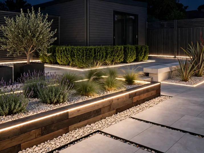Night Lighting Line Design in a modern backyard landscaping