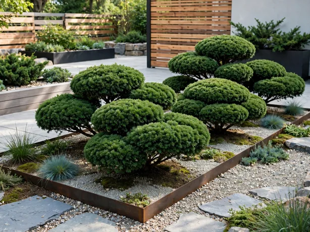 Evergreen Cloud Pruning Bed in a modern backyard landscaping