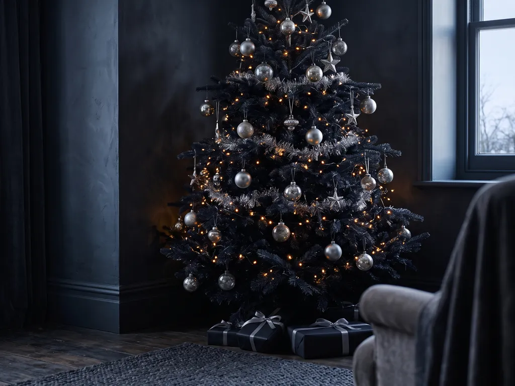 Dark Christmas tree with silver ornaments in a paneled corner