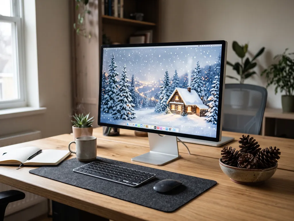 Desk with a monitor showing a festive Christmas wallpaper