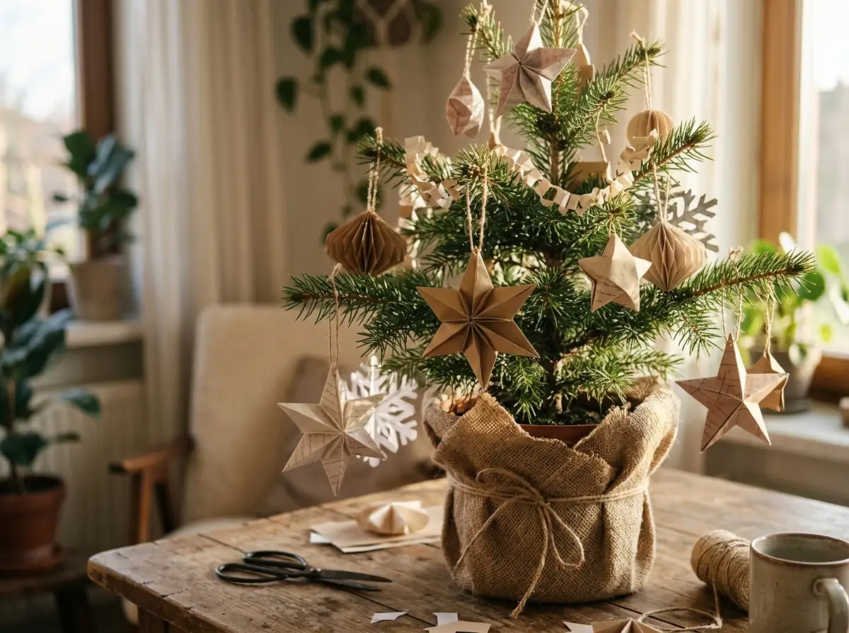 Paper stars and ornaments on a tree
