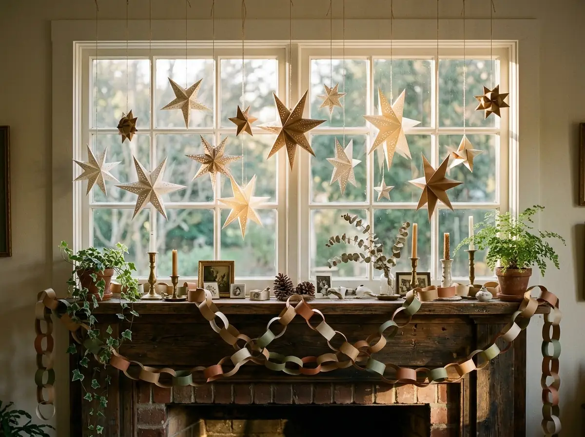 Paper stars in a window, chain on mantel