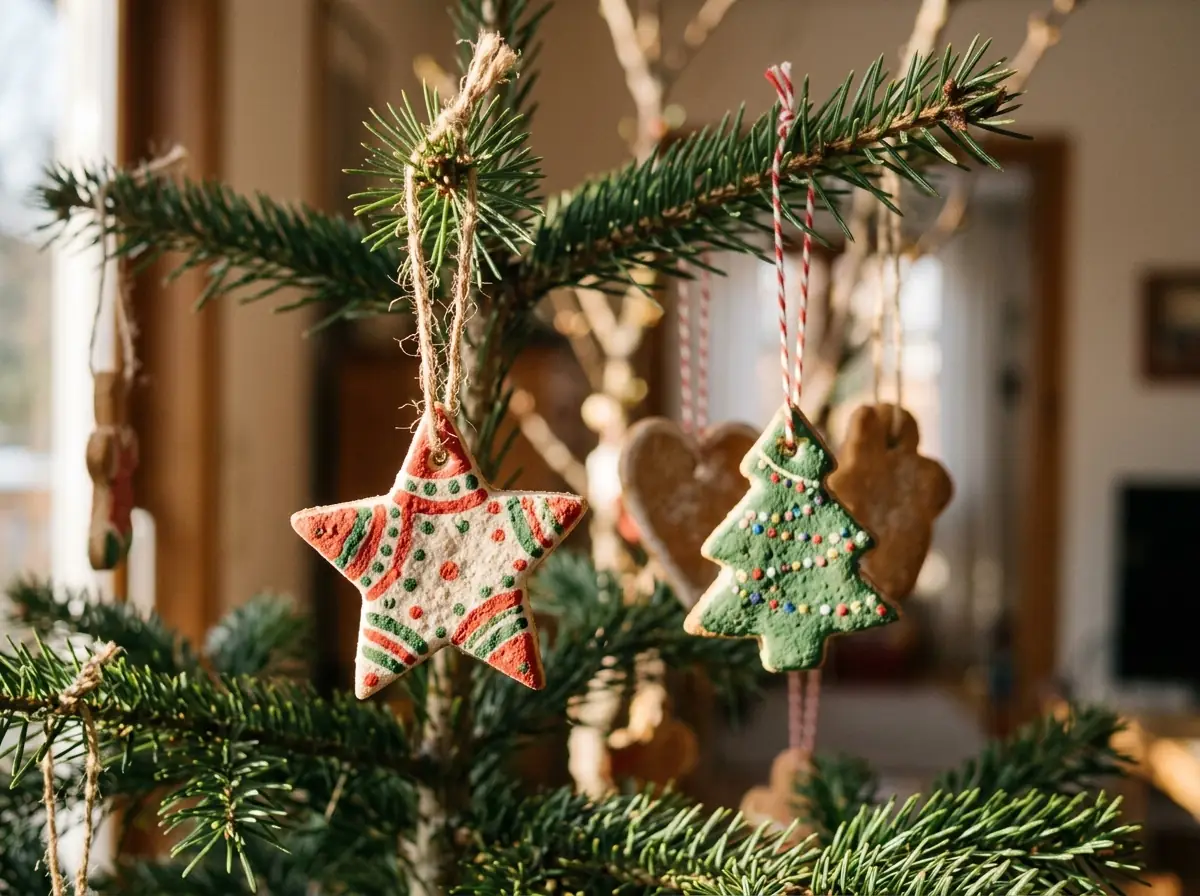 Salt-dough ornaments on a tree branch