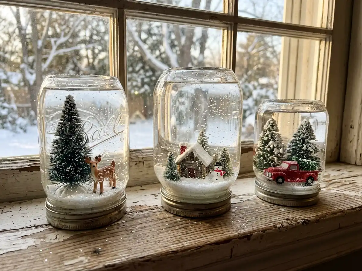 Three snow-globe jars on a windowsill
