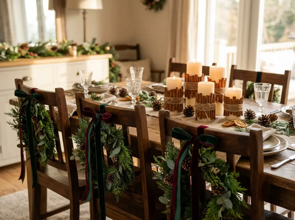 Cinnamon-wrapped candles and mini ribbon wreaths