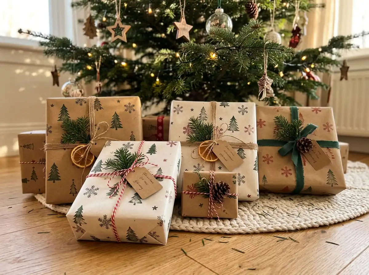 Hand-stamped paper gifts under a tree