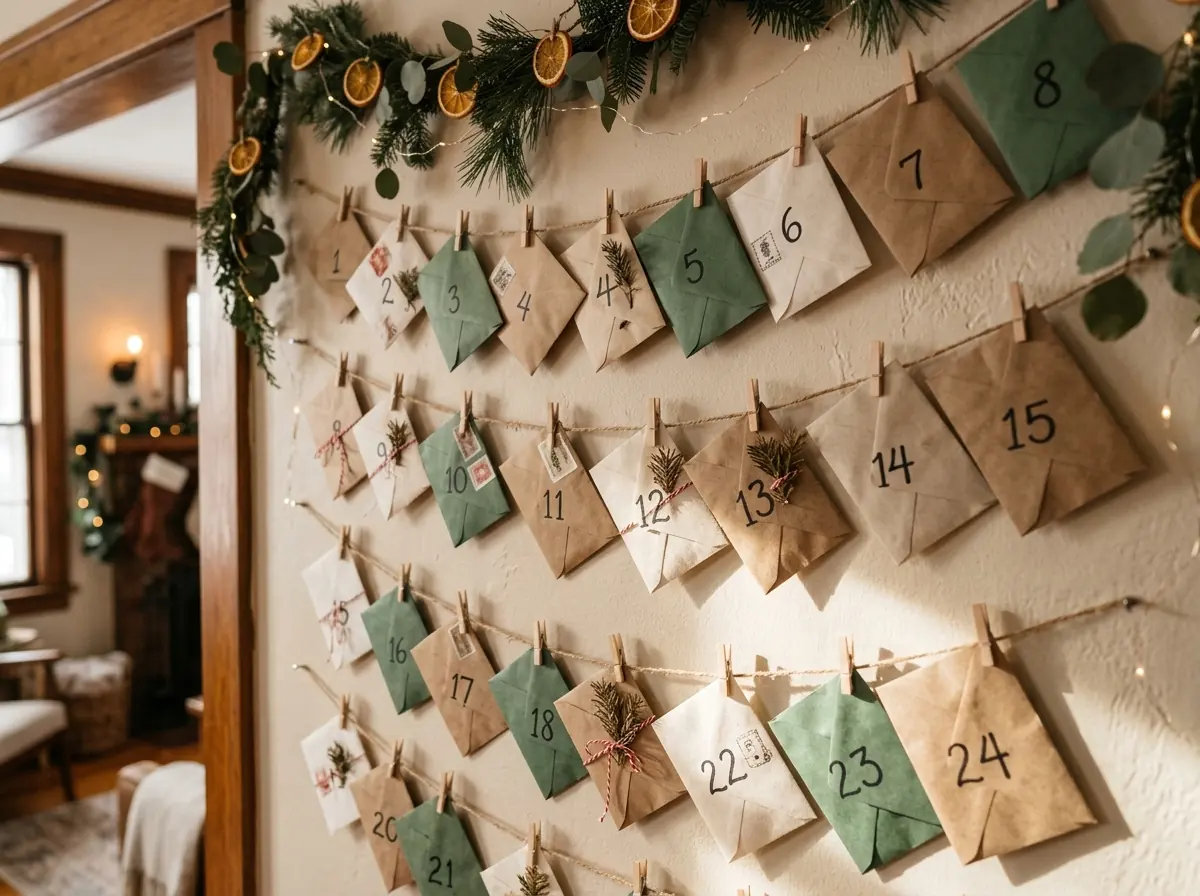 Numbered envelope advent calendar on strings