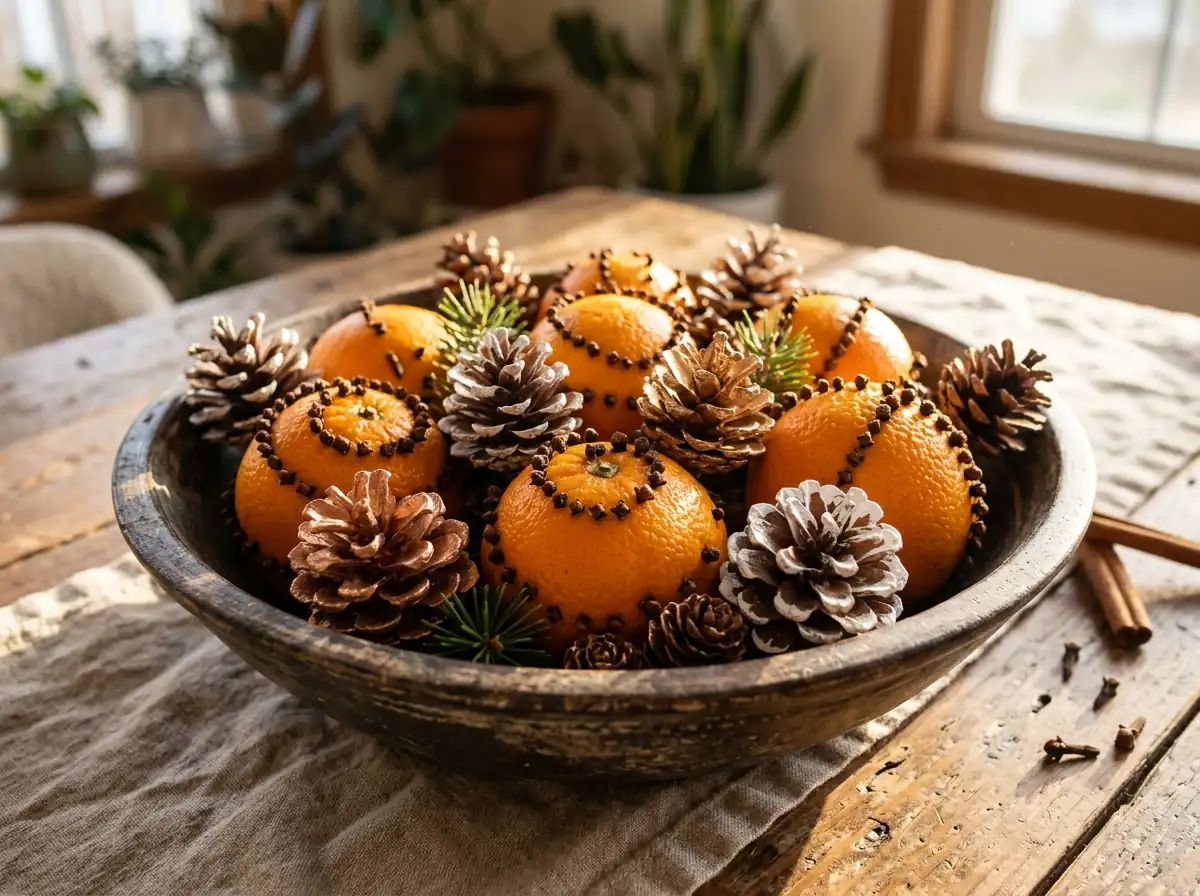 Painted pinecones and pomanders in a bowl