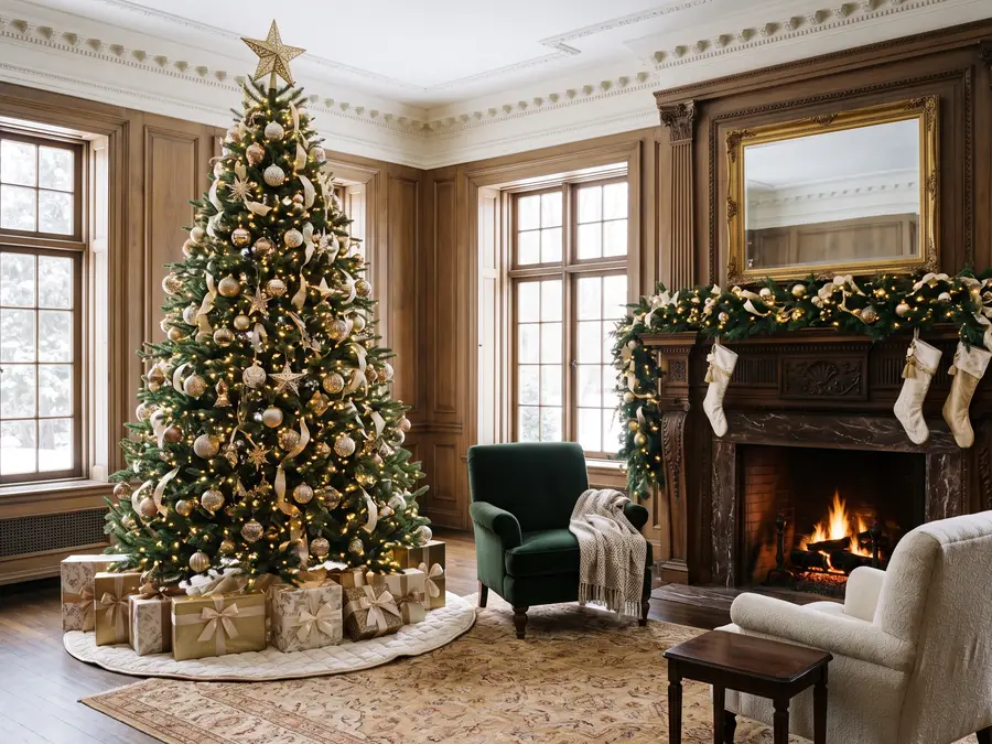 Tall elegant Christmas tree in a classic room with armchairs