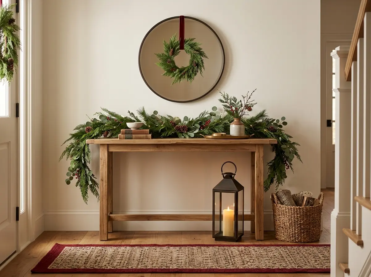 Christmas entryway with console table and garland