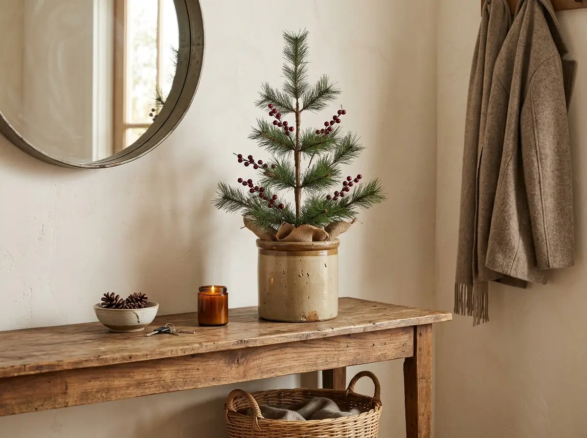 Slim tabletop Christmas tree in a crock