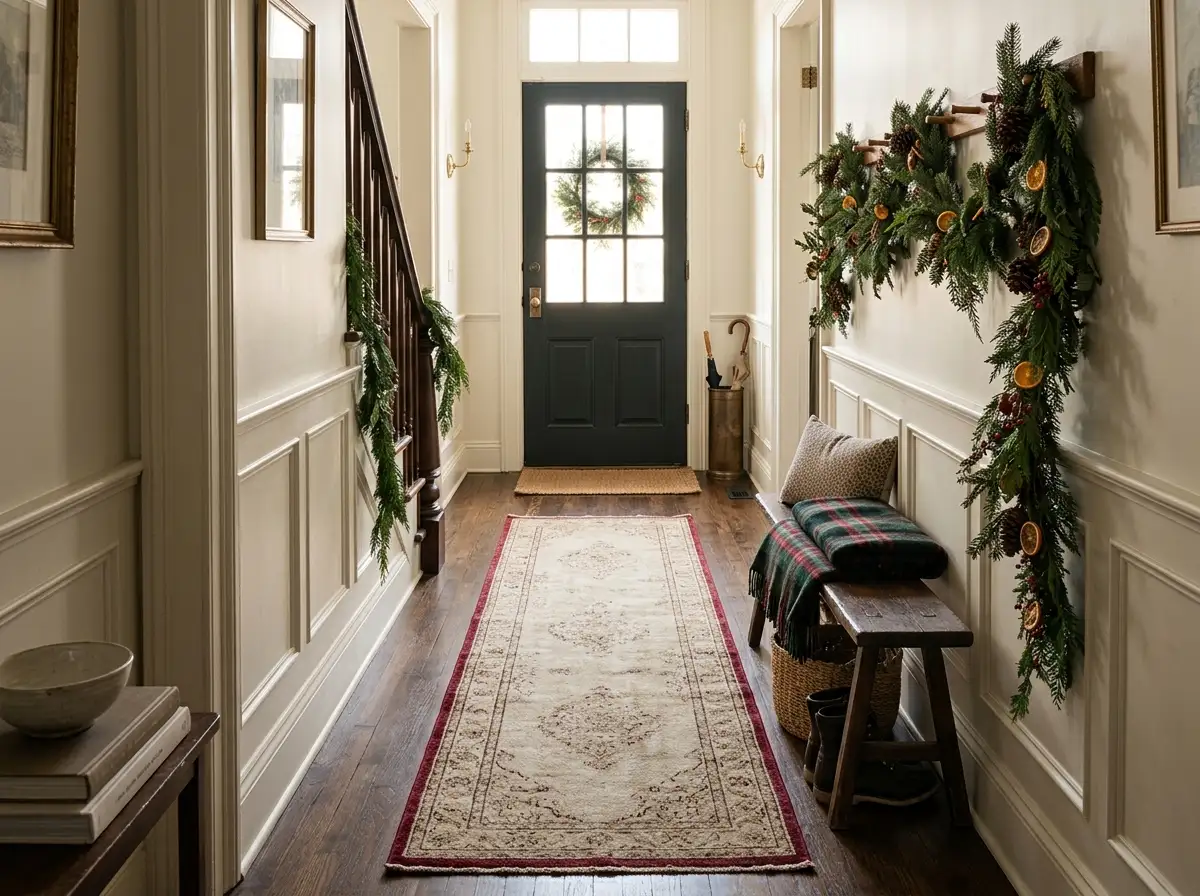 Red bordered runner in a narrow foyer
