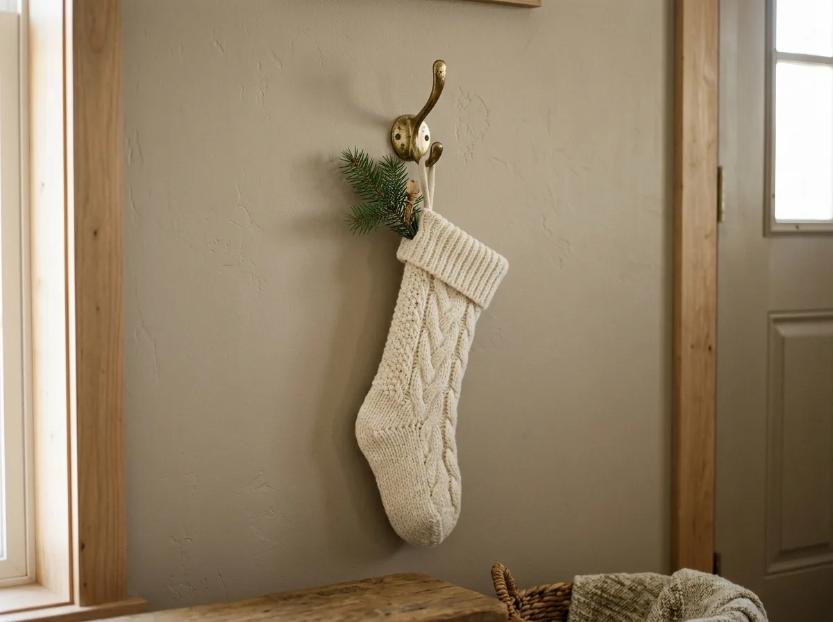 Christmas stocking hanging from a coat hook