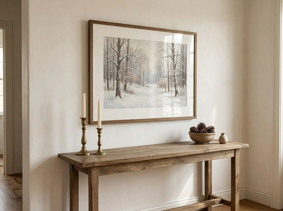 Framed winter print above a console table