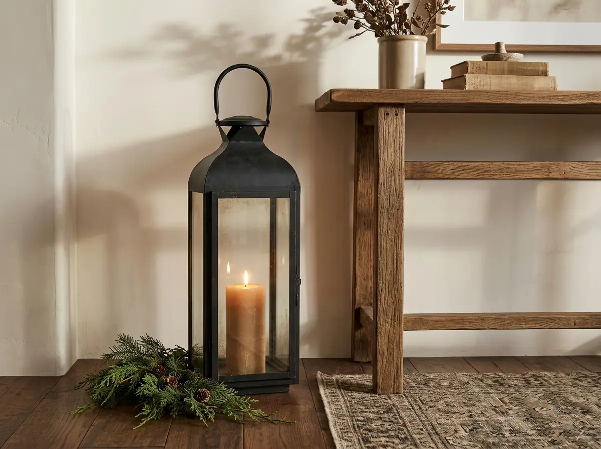 Tall lantern with a candle beside a console