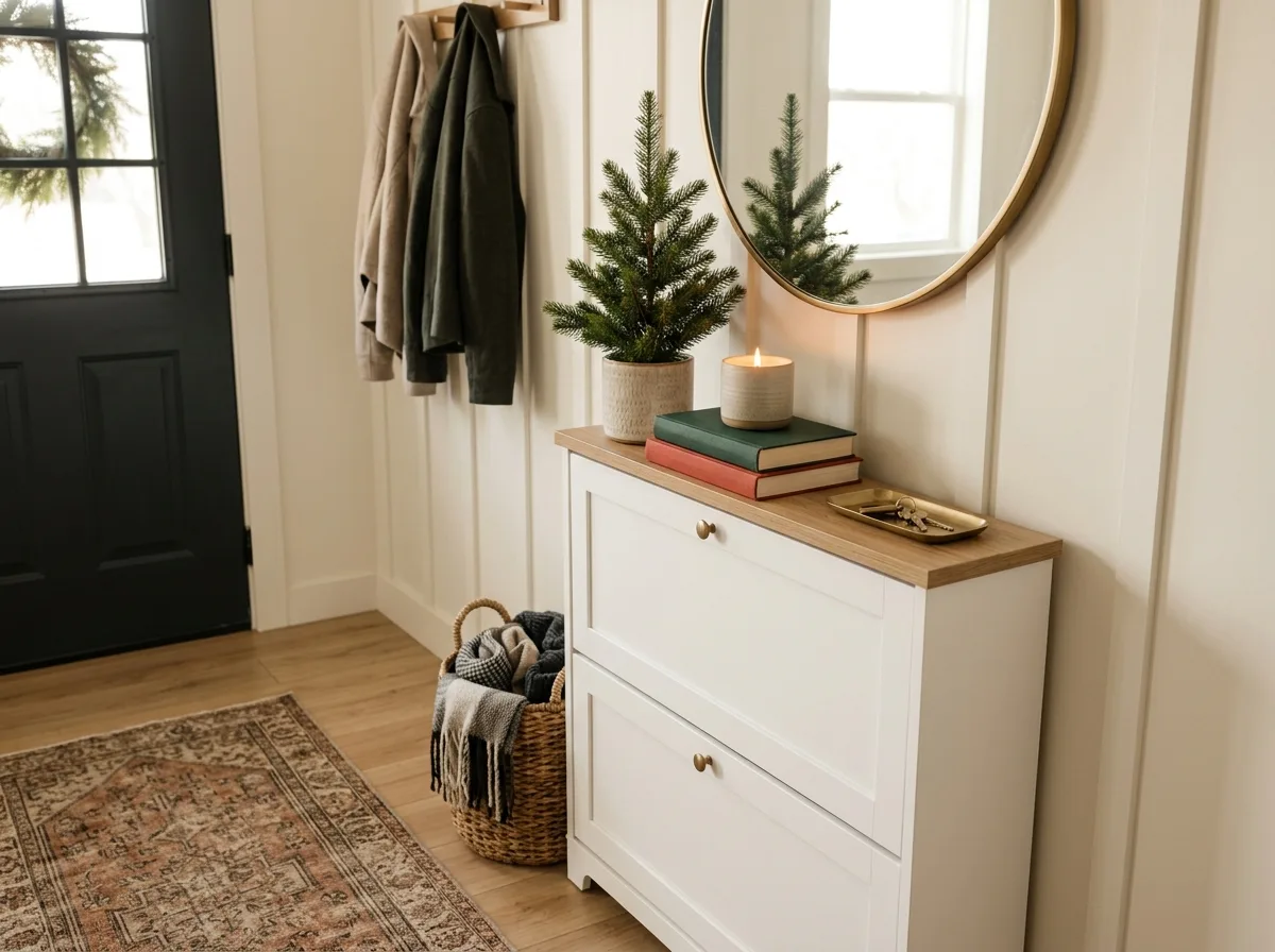 Slim shoe cabinet styled with Christmas decor