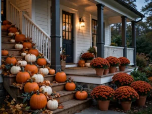 Pumpkins cascading down porch steps with mums