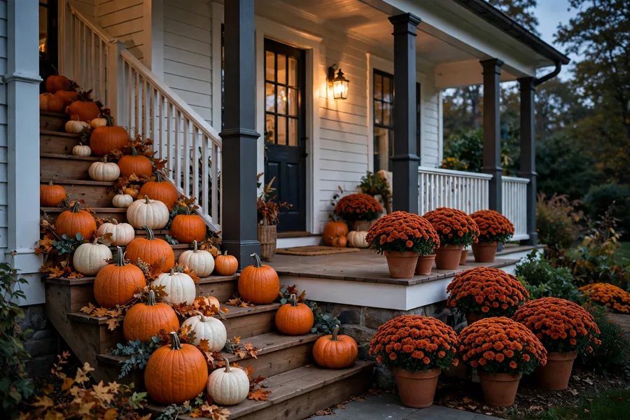 Pumpkins cascading down porch steps with mums