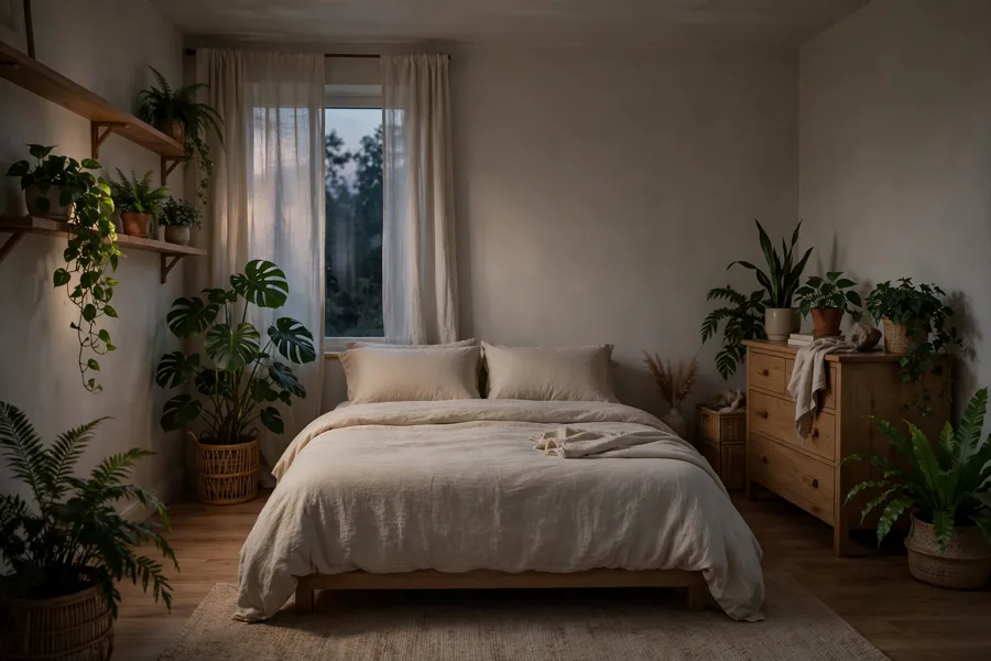 Dim bedroom with shade-tolerant plants