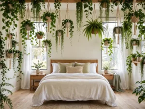 Bedroom with hanging plants at many heights