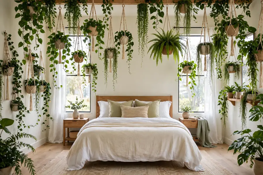 Bedroom with hanging plants at many heights