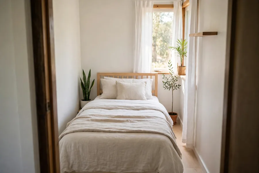 Tiny bedroom with slim plants in tight spots