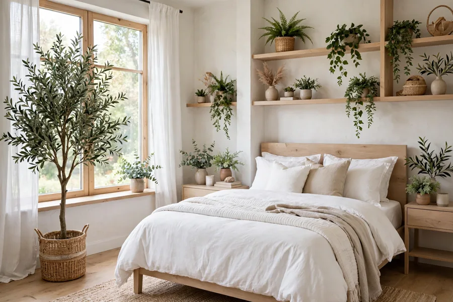 Bedroom styled with realistic faux greenery