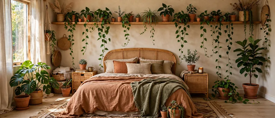 Boho bedroom with plants rattan and terracotta