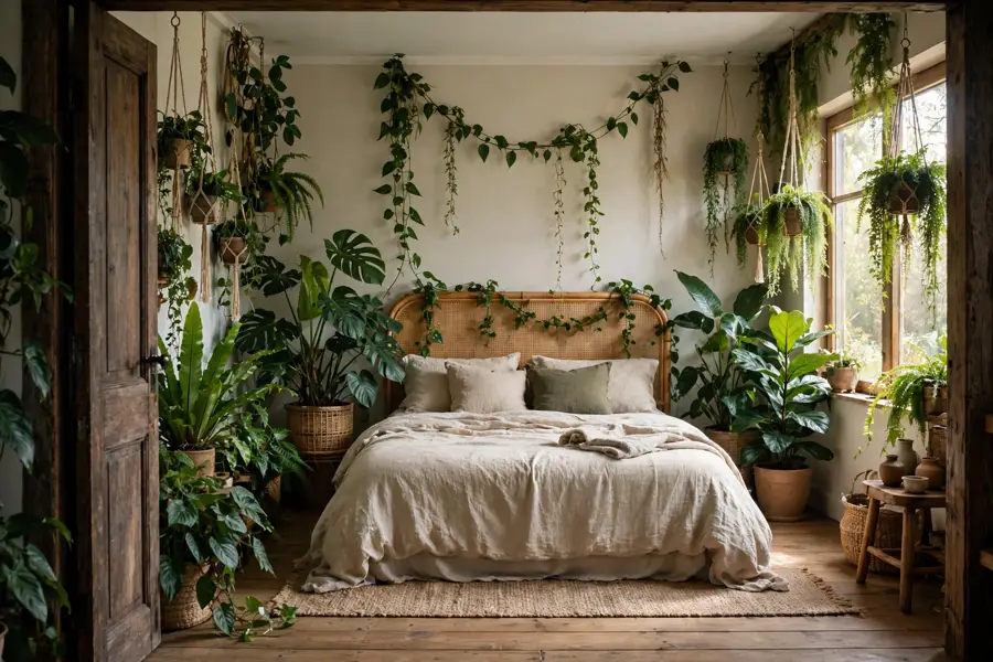 Lush jungle bedroom with layered plants