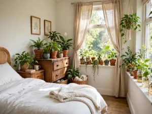 Budget bedroom with thrifted plant pots