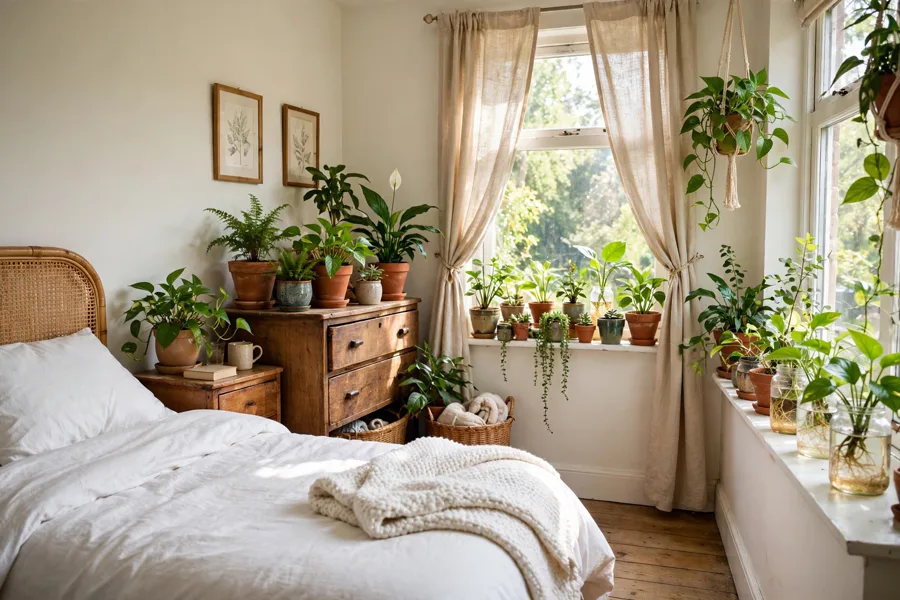 Budget bedroom with thrifted plant pots