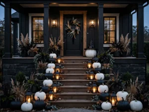 Halloween porch with black and white pumpkins and lanterns