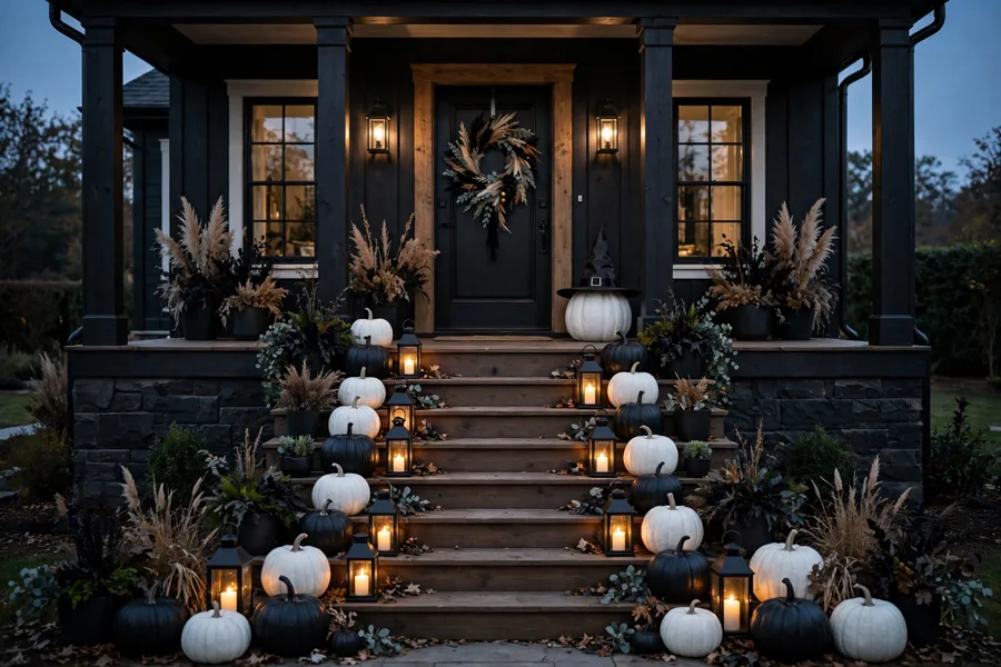 Halloween porch with black and white pumpkins and lanterns