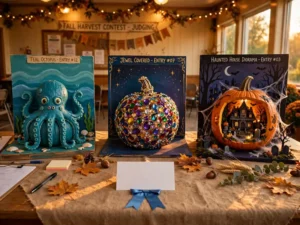 Decorated contest pumpkins lined up on a judging table