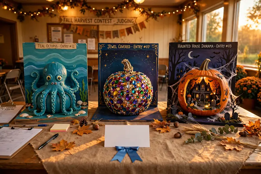 Decorated contest pumpkins lined up on a judging table