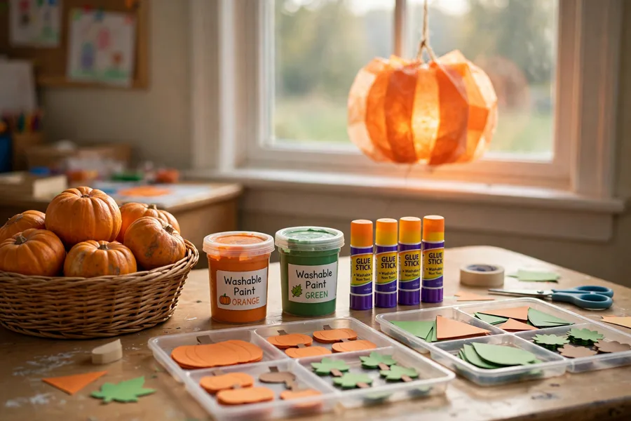 Preschool craft table ready for pumpkin crafts