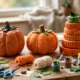 Three finished pumpkin projects on a craft table