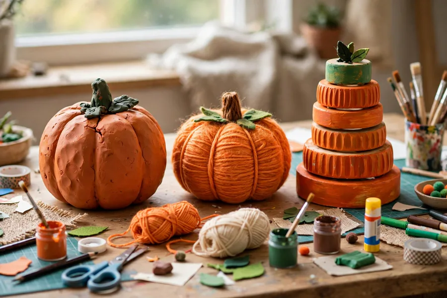 Three finished pumpkin projects on a craft table