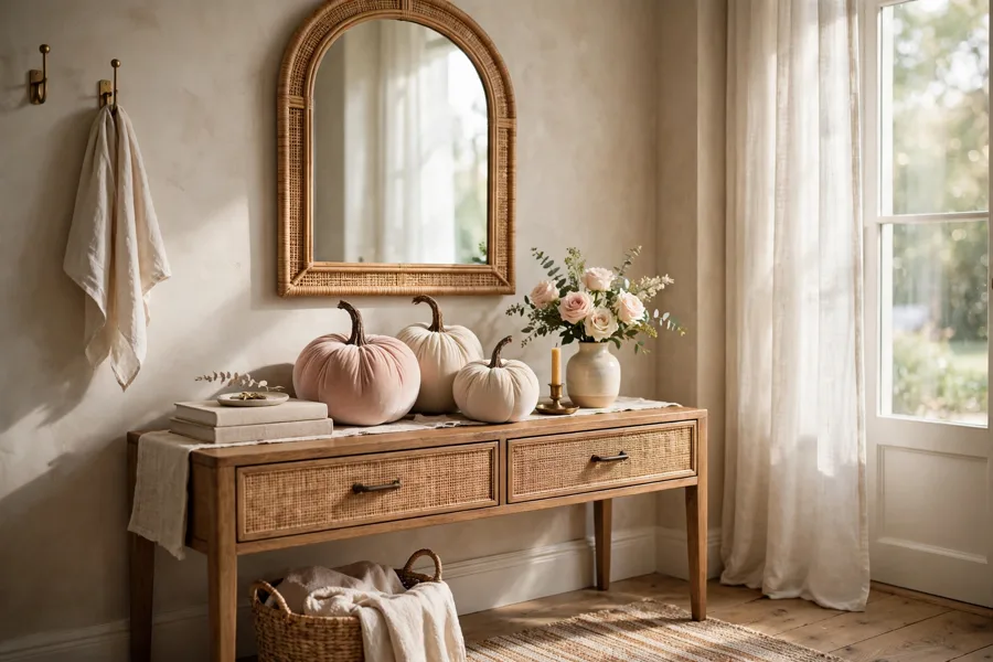 Console table styled with velvet pumpkins and flowers