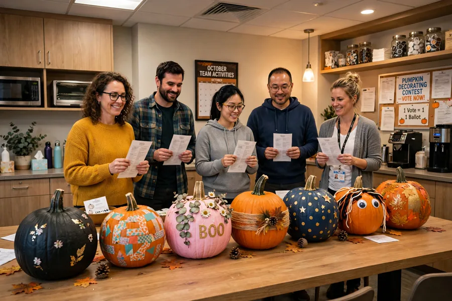 Coworkers voting beside decorated pumpkins in a break room