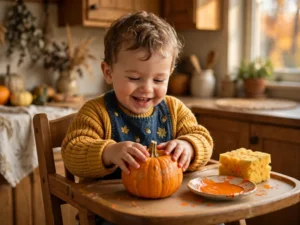 Toddler exploring a small pumpkin on a tray