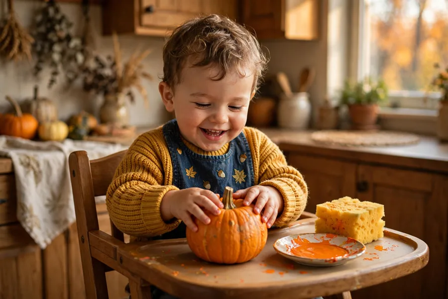 Toddler exploring a small pumpkin on a tray