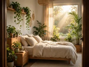 Plant-filled bedroom in morning light