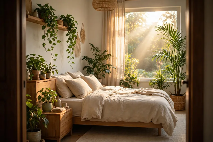 Plant-filled bedroom in morning light