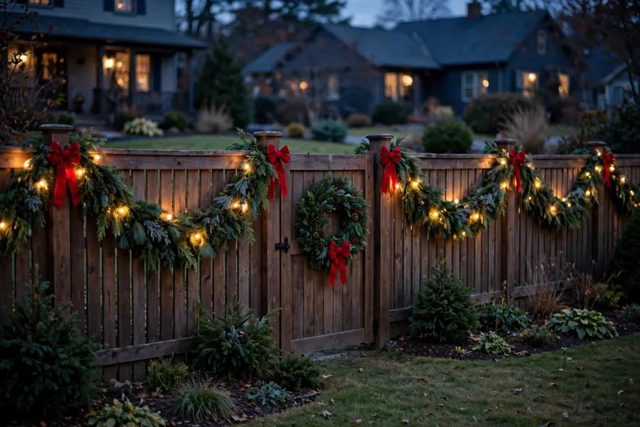 Christmas decorated front yard fence at dusk