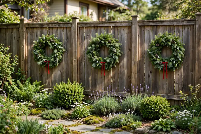 Evergreen wreaths spaced along a wooden fence