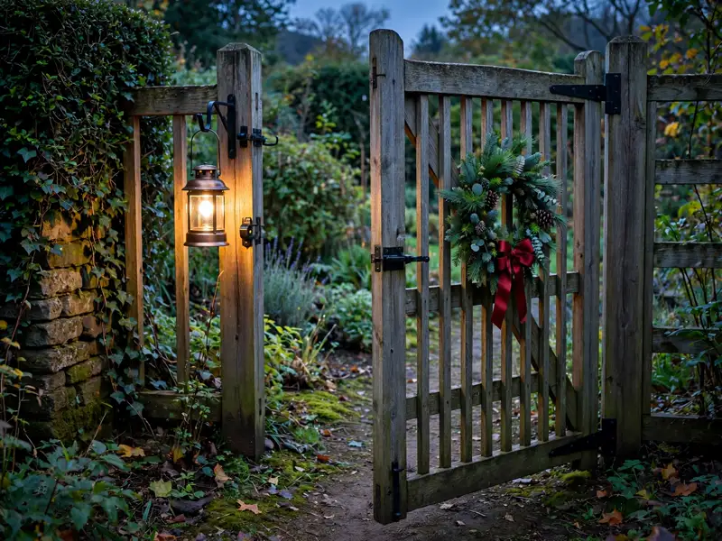 Christmas wreath and lantern on a garden gate