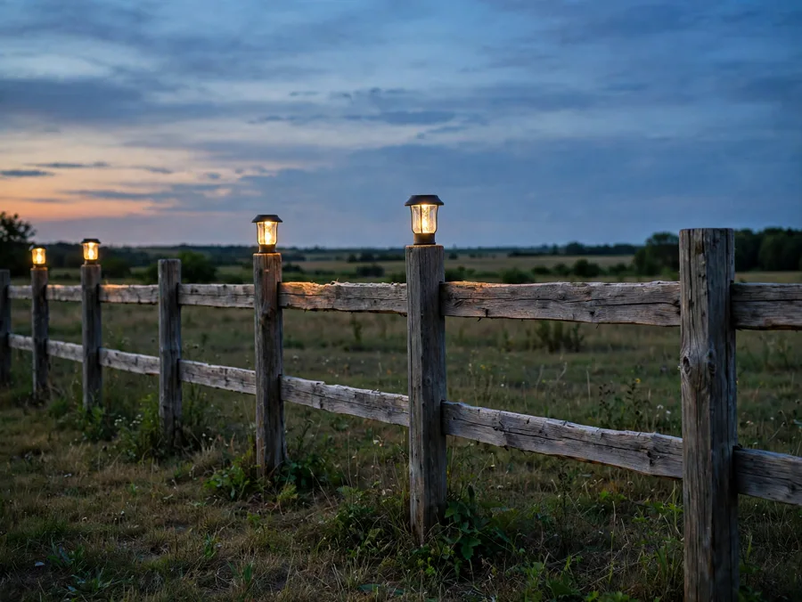 Solar lanterns on top of fence posts at dusk